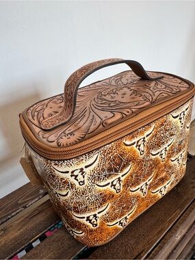 Tooled Brown Leatherette Cosmetic Case with Longhorn Accent
